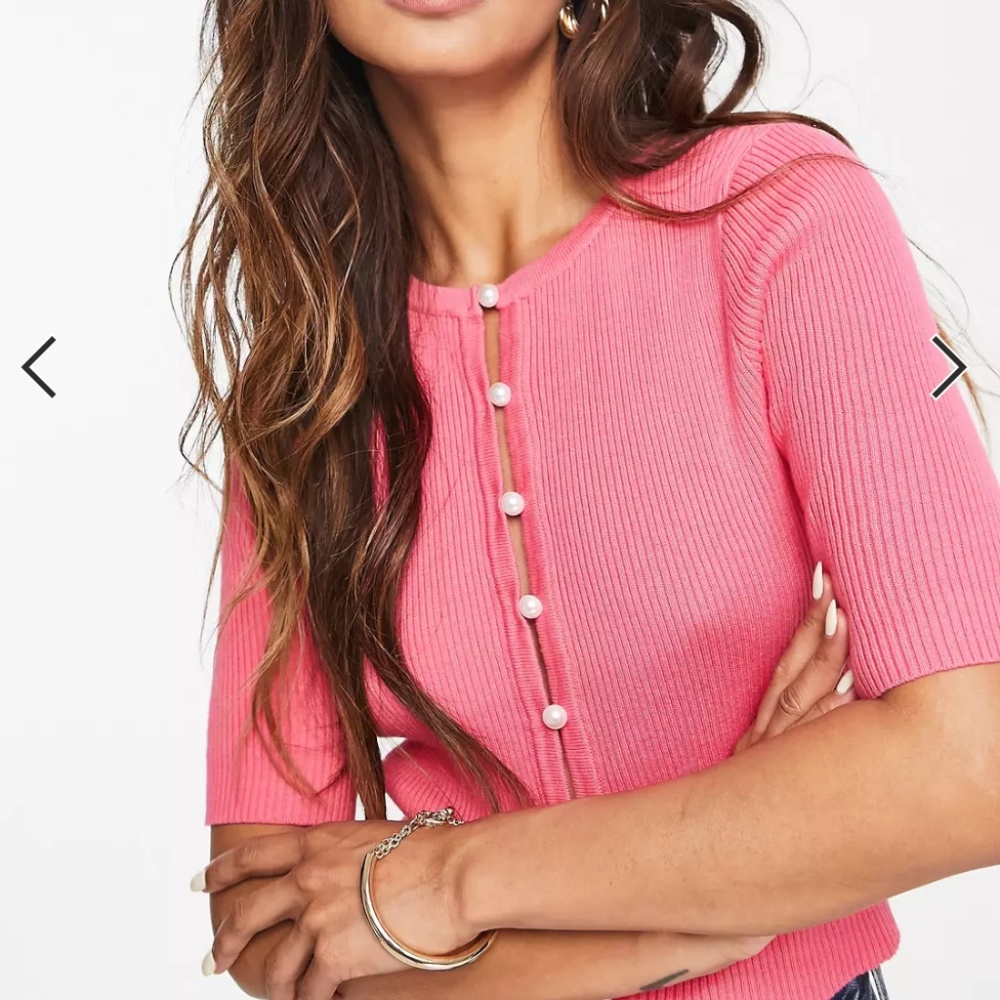 ASOS Glamorous Button Front Pink Ribbed Cardigan Size 4/Small - Picture 2 of 3